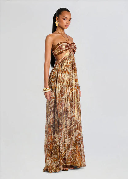 Elara — Boho Paisley Maxi Dress with Twist-Front Bandeau