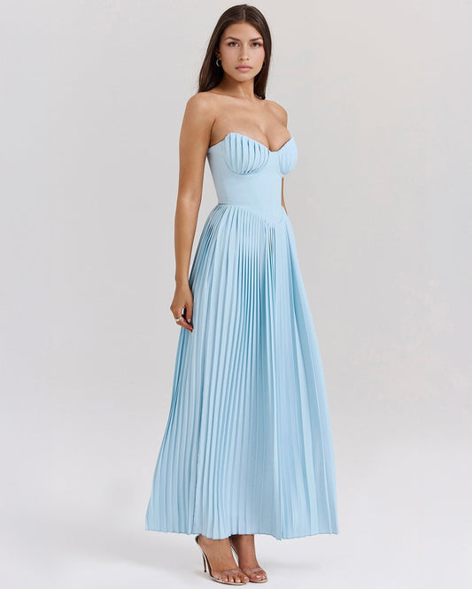 Erisca — Ocean Blue Pleated Maxi Dress with Structured Bodice