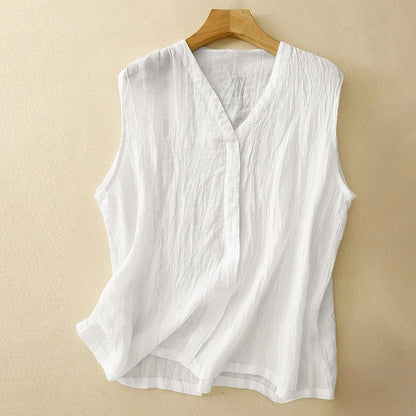 Veyan — Sleeveless Linen Blouse with Asymmetrical Gathered Fit