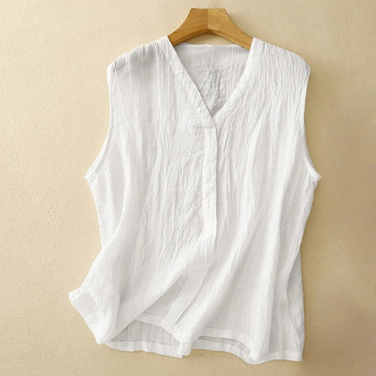 Veyan — Sleeveless Linen Blouse with Asymmetrical Gathered Fit