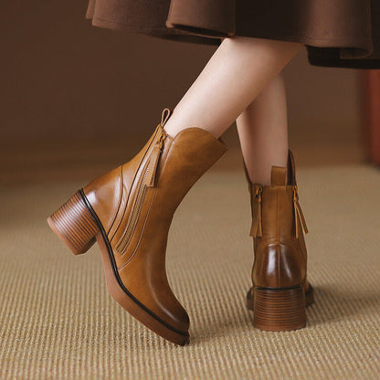 Vessara Vegan Leather Block-Heel Boots — Comfortable Zippered Fall Footwear