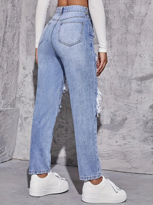 Maren Distress — High-Rise Straight Leg Denim Jeans