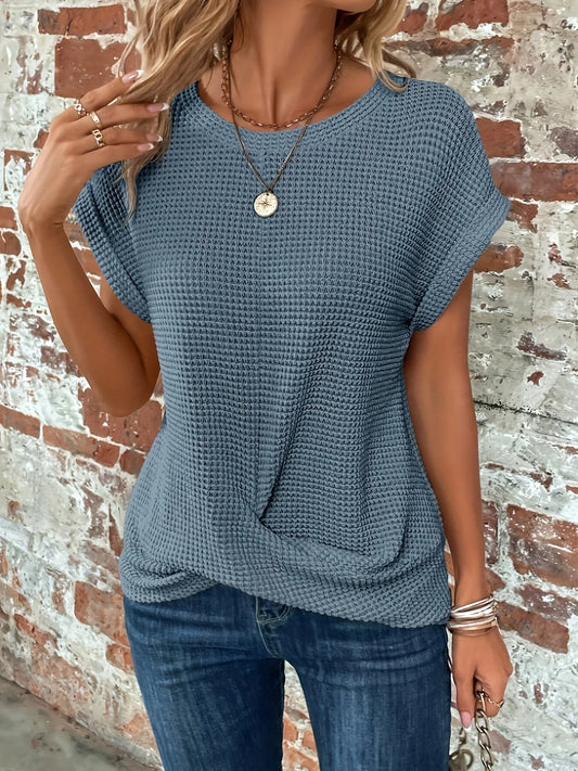 Liora Twist-Front Top — Women's Soft Knit Waffle Shirt with Sculpted Hem
