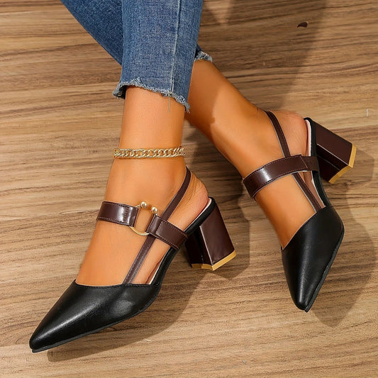 Elara Slingback Heels — Double Strap Pointed Toe Block Heel with Gold Detail