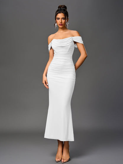 Vexira Off Shoulder Ruched Zipper Back Bodycon Dress