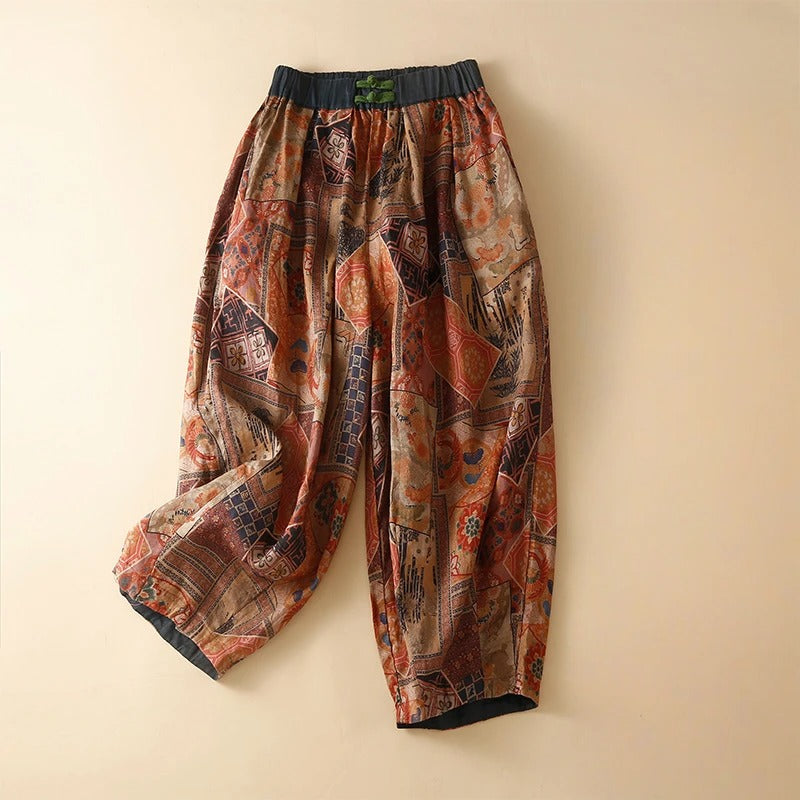 Marnell — Lightweight Linen Floral Pants with Elastic Waistband