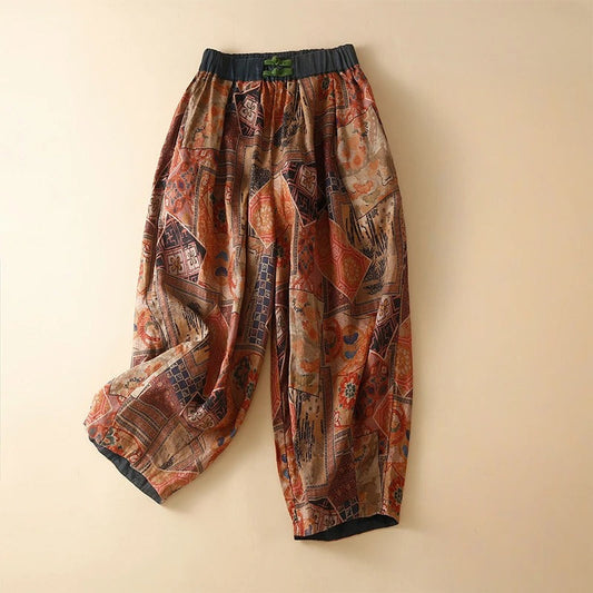 Marnell — Lightweight Linen Floral Pants with Elastic Waistband