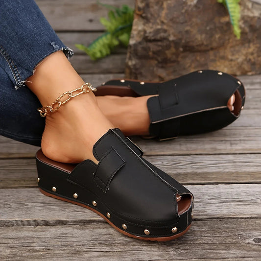 Liora — Women’s Vegan Leather Wedge Mules with Studded Sole