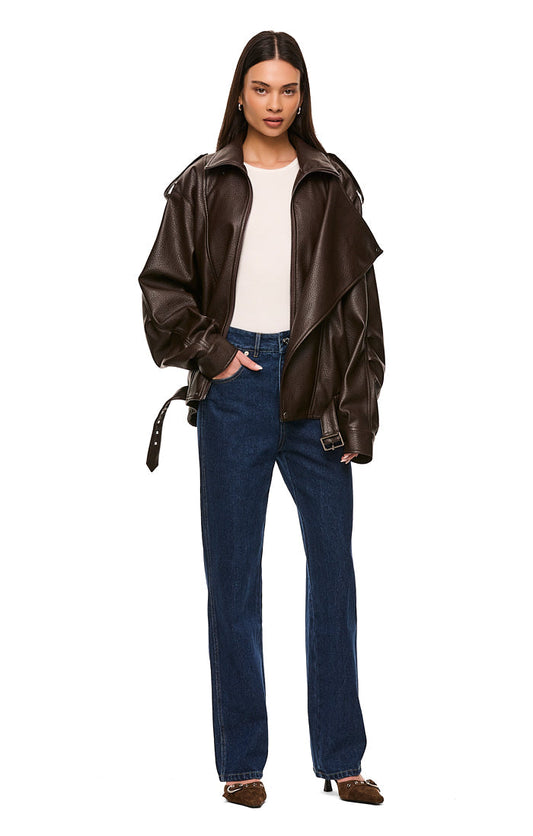 Rori Leather Jacket — Oversized PU Leather Jacket with Belt Detail