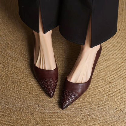 Emara Woven Leather Pumps — Genuine Leather Pointed Toe with Comfortable Wedge Heel