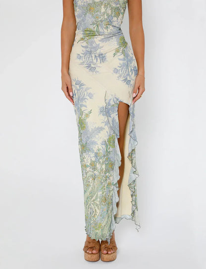 Elara Maxi Dress — Strapless Floral Ruched Dress with Ruffle Slit