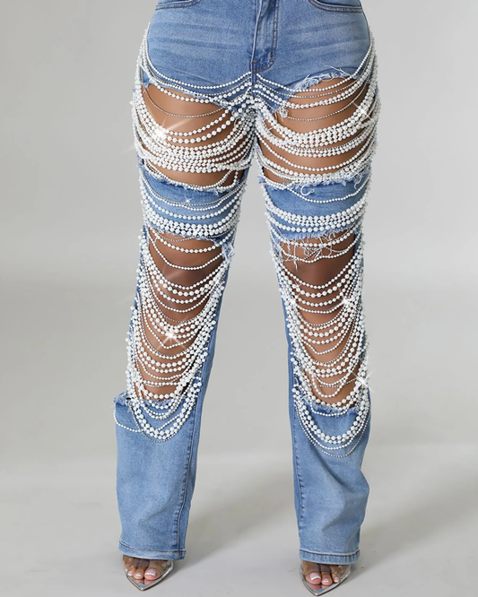 Norla — High-Waisted Pearl Embellished Stretch Jeans with Destroyed Finish