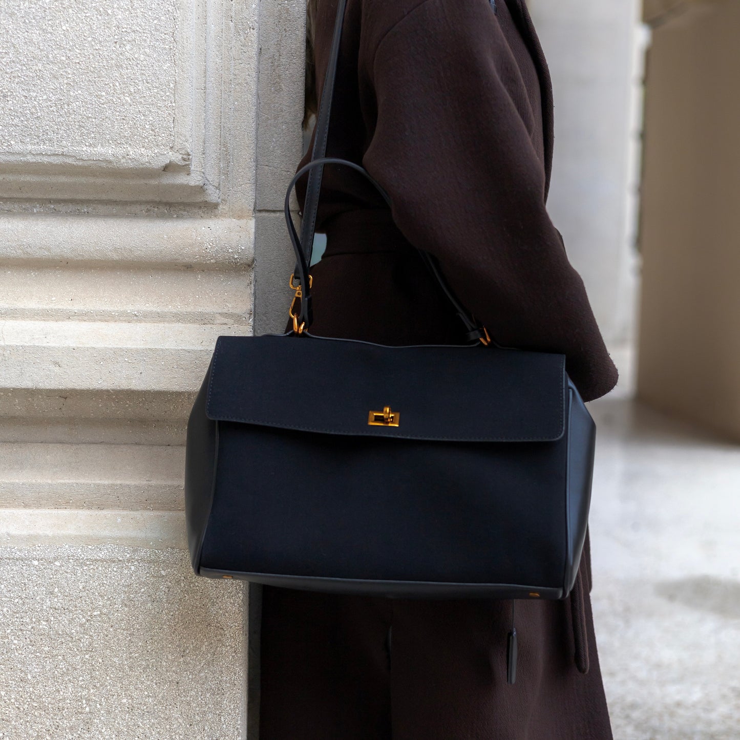 Liora Tote — Faux Suede Shoulder Bag with Turn Lock Closure