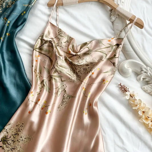 Laydena Satin Nightdress — Botanical Print Sleepwear with Adjustable Straps