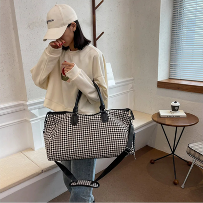 Lorian Weekender — Durable Houndstooth Canvas Travel Bag with Vegan Leather Trim