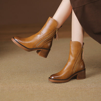 Vessara Vegan Leather Block-Heel Boots — Comfortable Zippered Fall Footwear