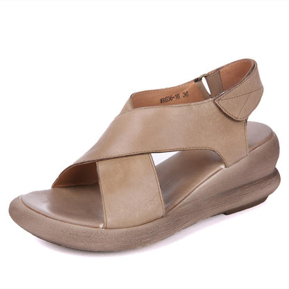 Kintara Wedge Sandals Khaki/Coffee Leather Platforms X-Strap Sandals