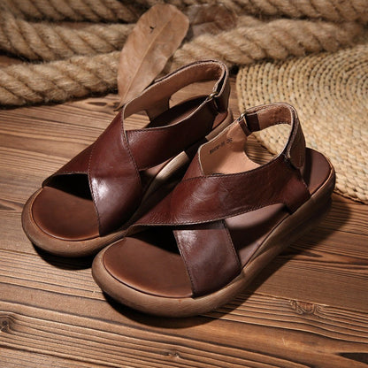 Kintara Wedge Sandals Khaki/Coffee Leather Platforms X-Strap Sandals
