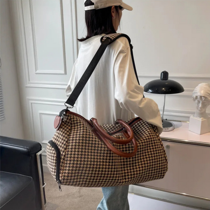 Lorian Weekender — Durable Houndstooth Canvas Travel Bag with Vegan Leather Trim