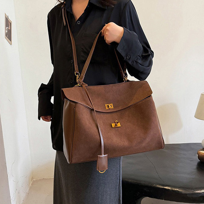Liora Tote — Faux Suede Shoulder Bag with Turn Lock Closure