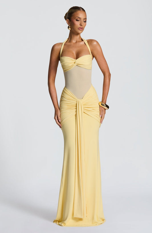 Liora — Sheer Mesh Bodycon Maxi Dress with Ruched Waist