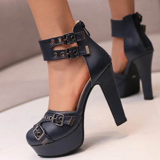 Norelle — Adjustable Double Buckle Leather Heels with 4.5" Block Heel