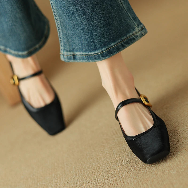 Embera — Genuine Horsehair Square-Toe Pumps with Low Block Heel