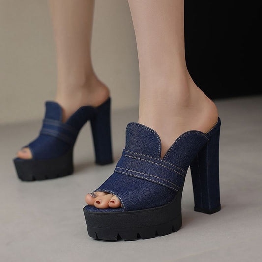 Norla Chunky Heel Denim Sandals — Raw Denim Open-Toe Comfort Heels