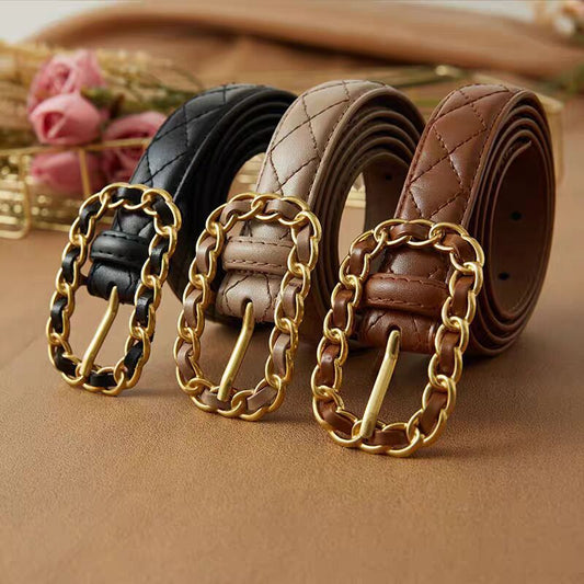 Ardena — Quilted Vegan Leather Belt with Gold Chain Buckle