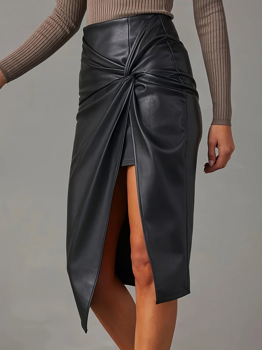 Marinelle — Vegan Leather Midi Skirt with Asymmetric Slit