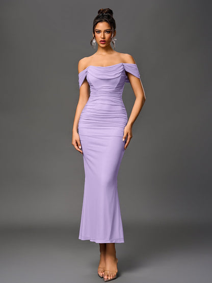 Vexira Off Shoulder Ruched Zipper Back Bodycon Dress