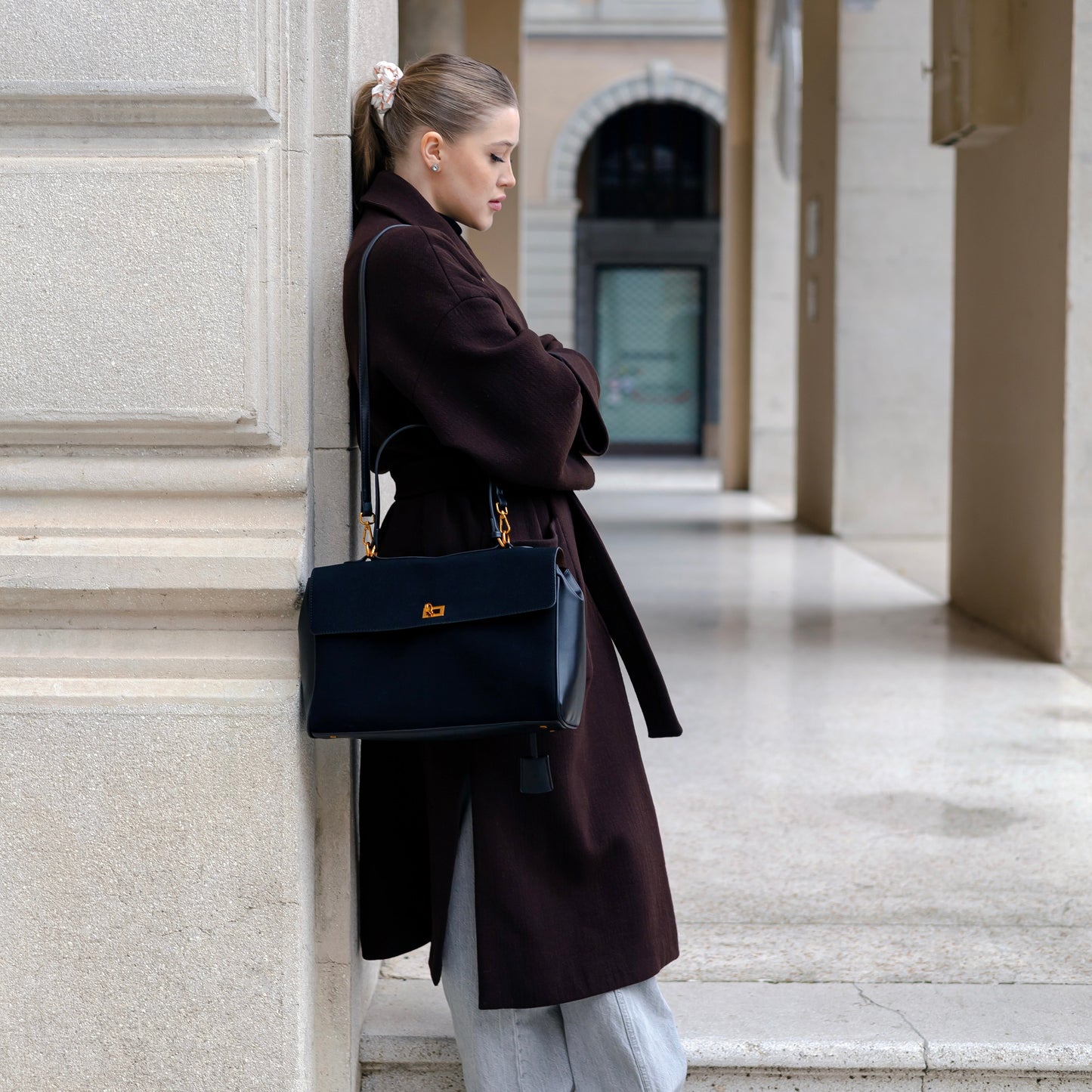 Liora Tote — Faux Suede Shoulder Bag with Turn Lock Closure