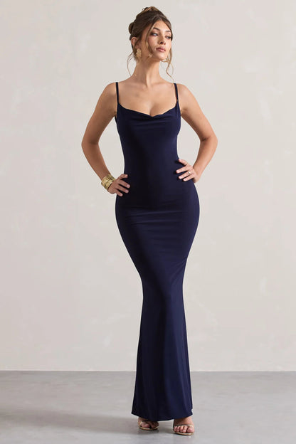 Evrenna — Elegant Lace-Back Cowl Neck Maxi Dress for Formal Events