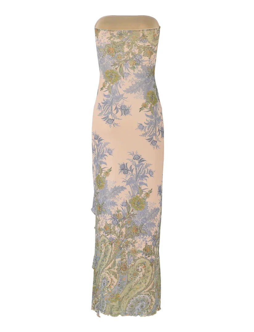 Elara Maxi Dress — Strapless Floral Ruched Dress with Ruffle Slit