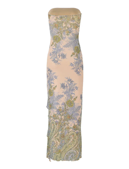 Elara Maxi Dress — Strapless Floral Ruched Dress with Ruffle Slit
