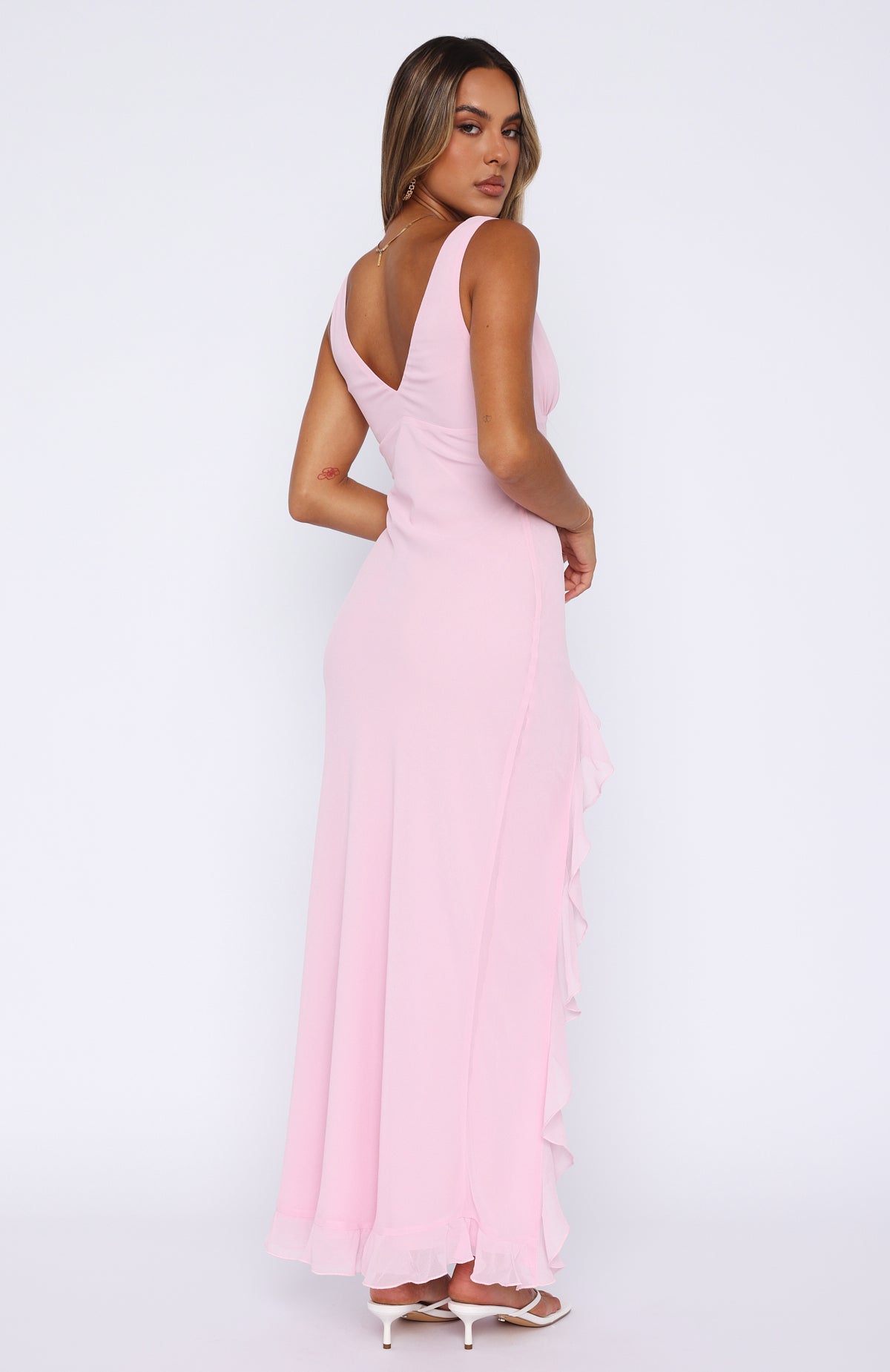 Sophina — Elegant Maxi Dress with Plunge Neckline and Frill Hem
