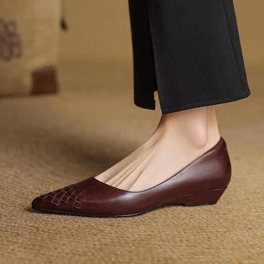 Emara Woven Leather Pumps — Genuine Leather Pointed Toe with Comfortable Wedge Heel