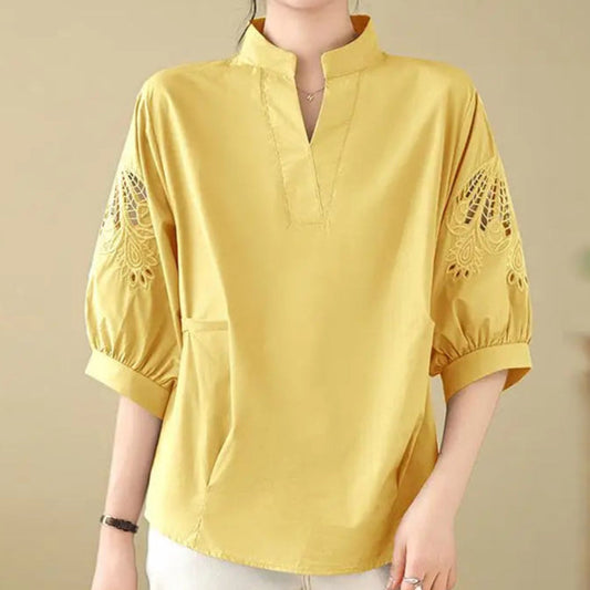 Celinora — Soft Linen Blend Floral Sleeve Top with V-Notch Neckline