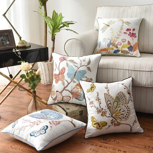 Liora — Embroidered Butterfly Cushion Cover in Cotton-Linen Blend