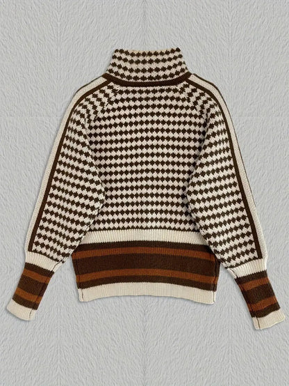 Zevran — Houndstooth Knit Sweater with Full Zip and High Collar