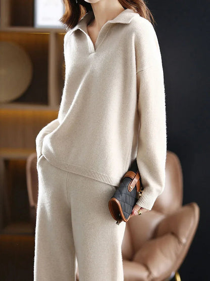 Liora — Cashmere Blend Polo Knit Two-Piece Set for Comfort