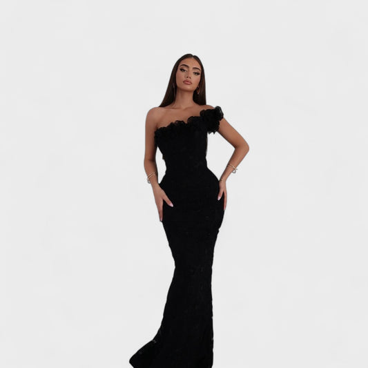 Elara — Black One-Shoulder Evening Gown with Embossed Floral Lace