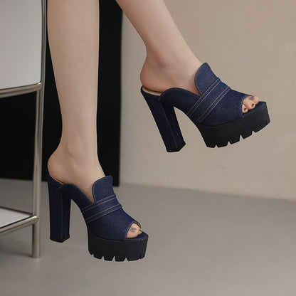 Norla Chunky Heel Denim Sandals — Raw Denim Open-Toe Comfort Heels