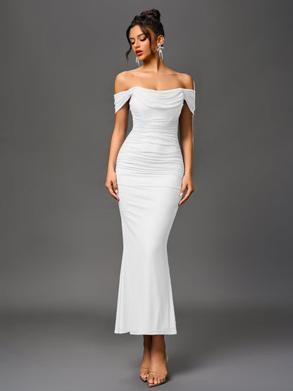 Vexira Off Shoulder Ruched Zipper Back Bodycon Dress