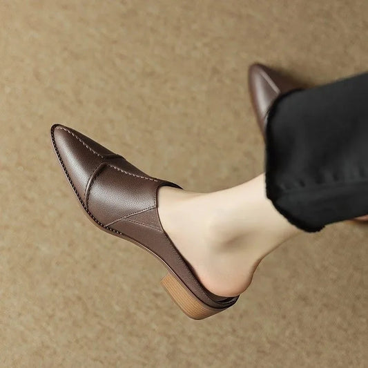 Elara — Hand-Stitched Leather Slip Mules with Wooden Heel