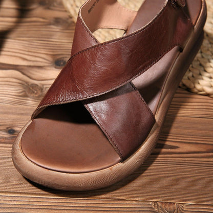 Kintara Wedge Sandals Khaki/Coffee Leather Platforms X-Strap Sandals