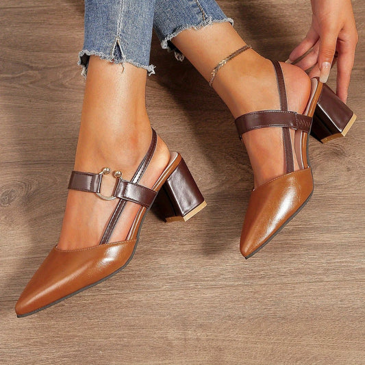 Elara Slingback Heels — Double Strap Pointed Toe Block Heel with Gold Detail