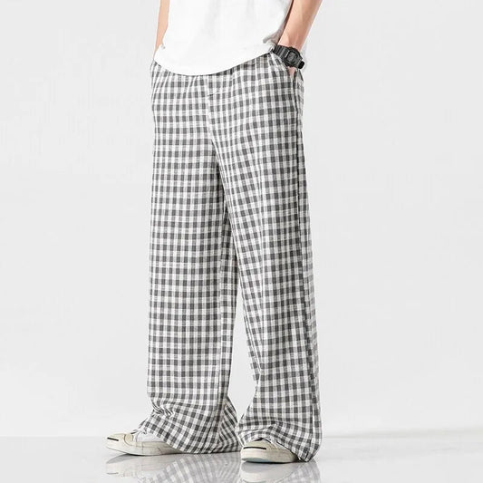 Larkford — Vintage Wide-Leg Check Trousers with Elastic Waistband