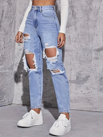 Maren Distress — High-Rise Straight Leg Denim Jeans
