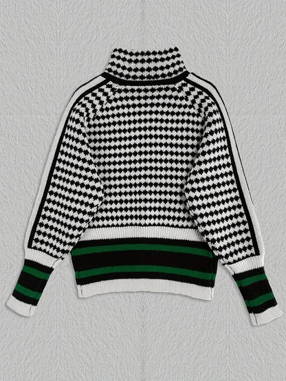 Zevran — Houndstooth Knit Sweater with Full Zip and High Collar